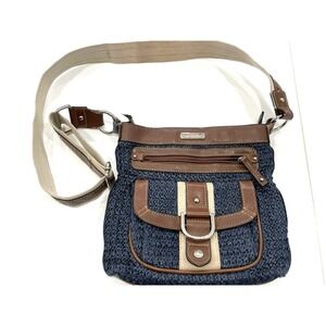 Chaps Crossbody Purse Woven Straw Navy Blue Brown Shoulder Handbag Y2K Travel